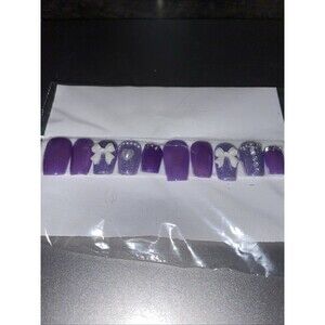 Custom Gel Press on Nails Handmade 10 pc set MEDIUM purple cream marble foil